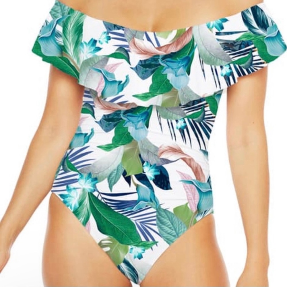 La Blanca Tropical Rain Ruffle Off Shoulder One Piece Swimsuit Size 8